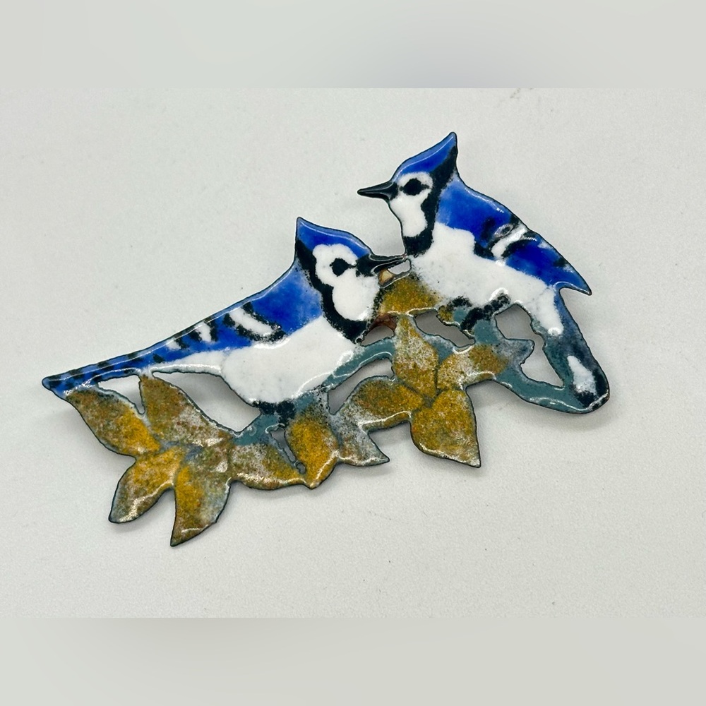 Blue Jay Branch Enamel Bird Brooch Pin Figural Large Statement Animal